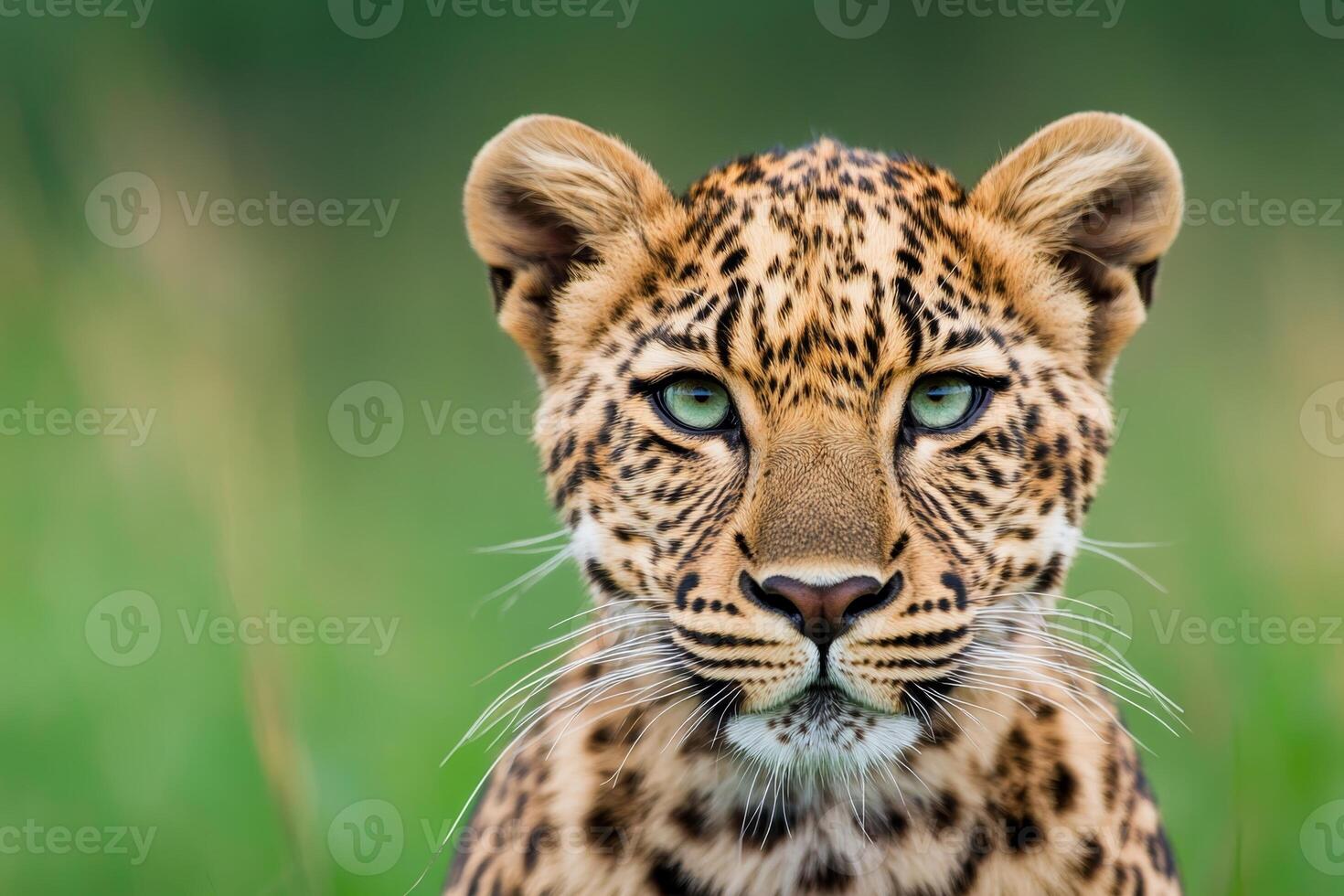 Leopard with striking green eyes gazes directly at the camera in a lush green habitat at golden hour photo