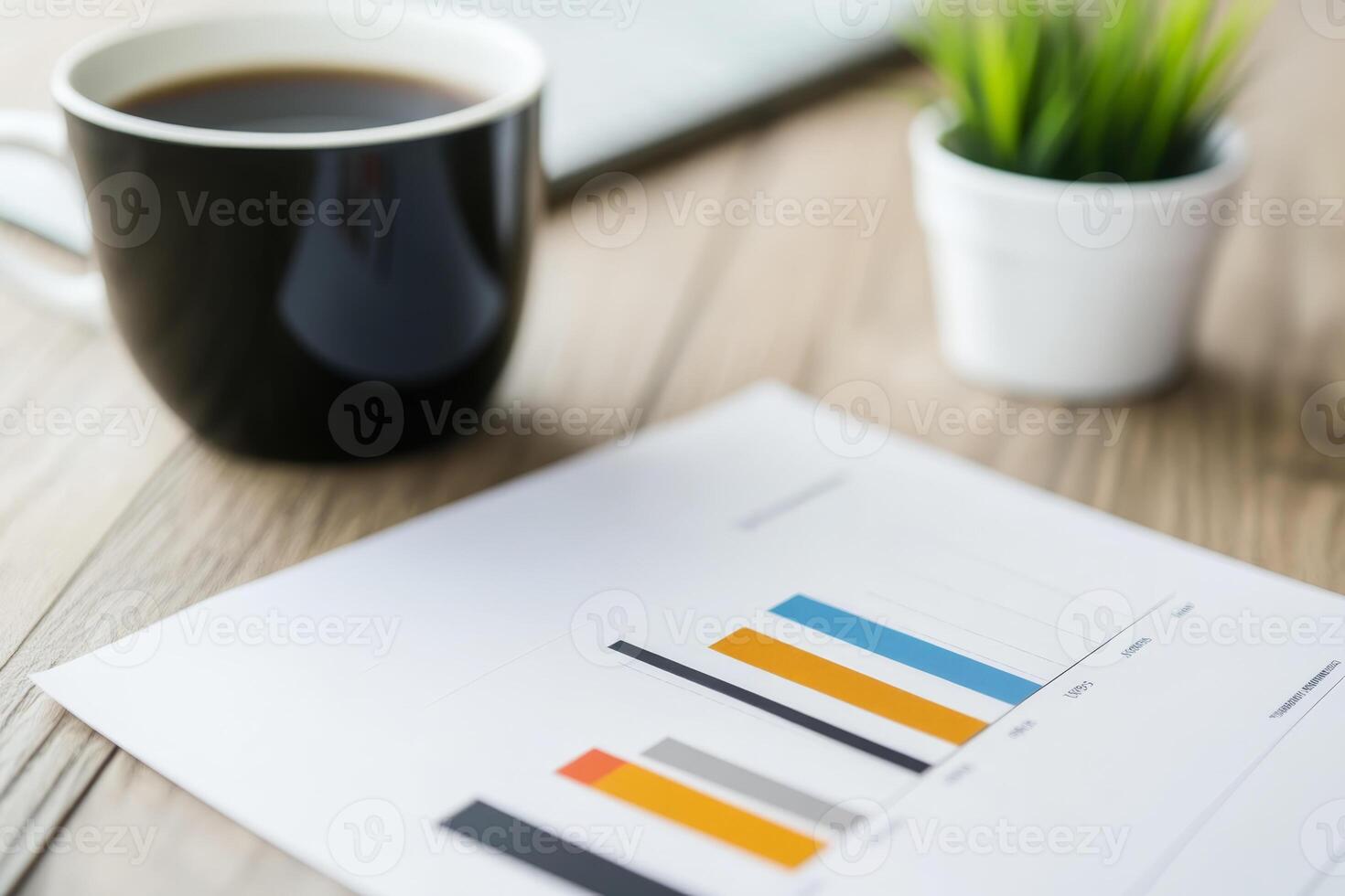Coffee cup and business report on a wooden table highlight productivity and analysis in a modern workspace photo