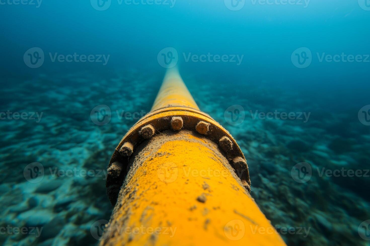 Underwater view of a yellow pipeline resting on the ocean floor in a serene blue environment with marine life photo
