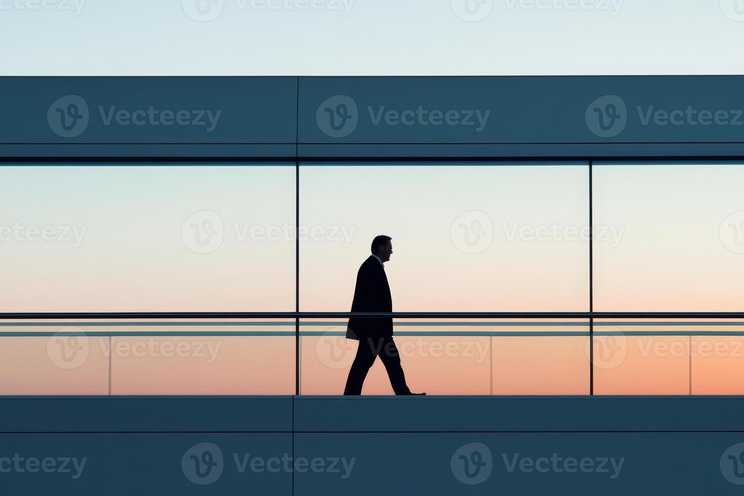 Businessman walks along modern architectural walkway against a vibrant sunset backdrop in urban setting photo