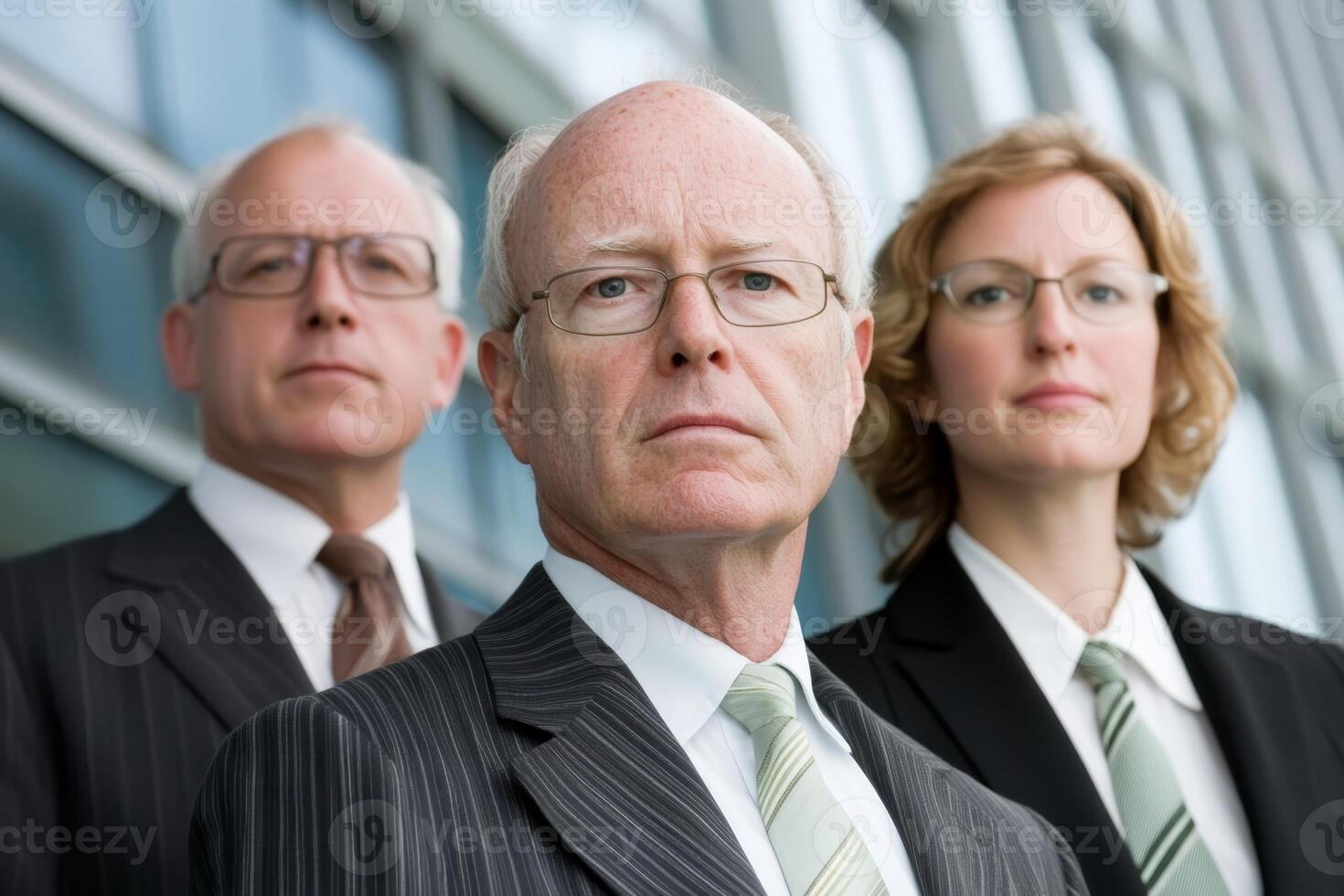 Group of business professionals posing confidently outside a modern building on a clear day photo