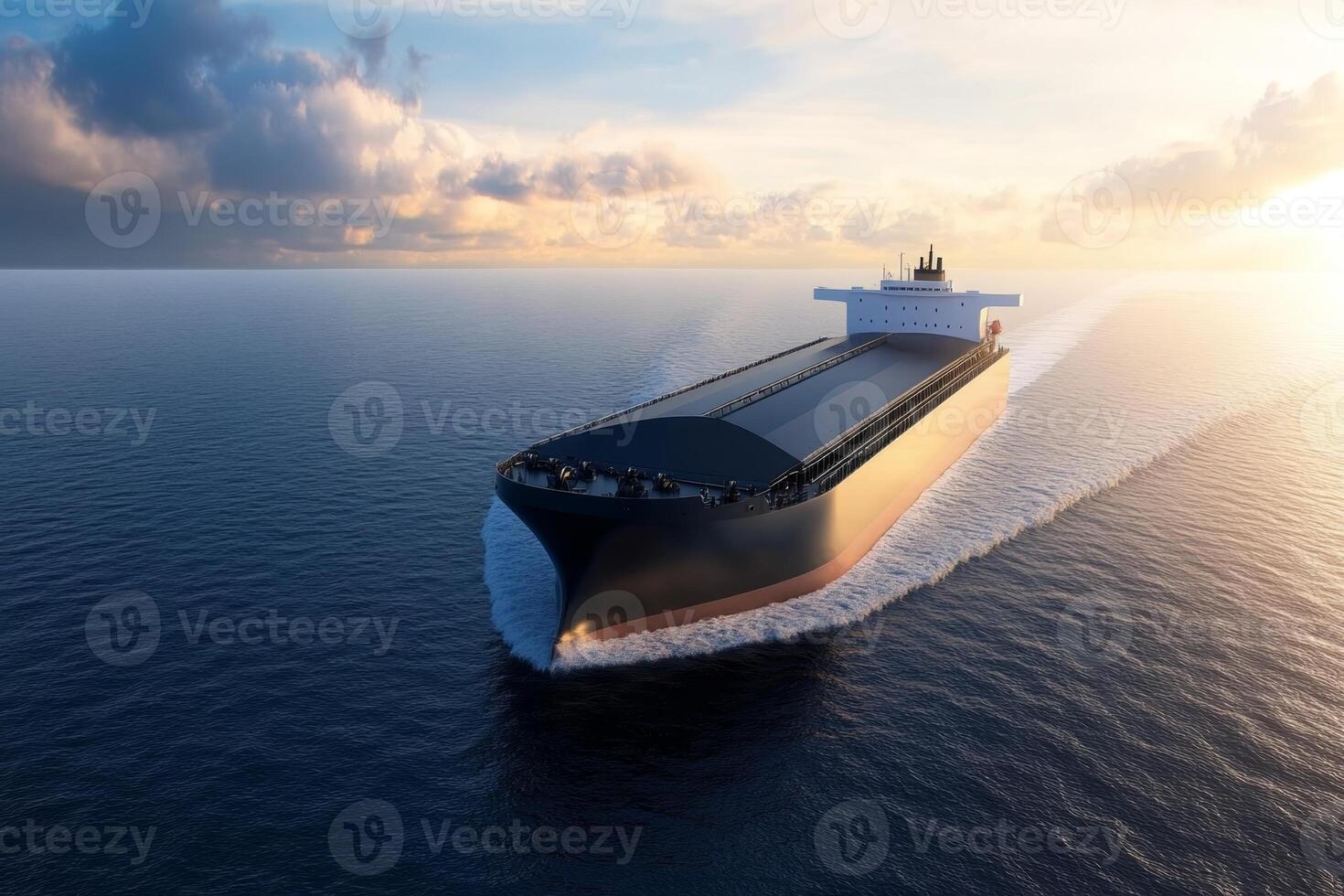 A sizable cargo vessel sails smoothly across the water at sunset, leaving gentle ripples in its wake. photo