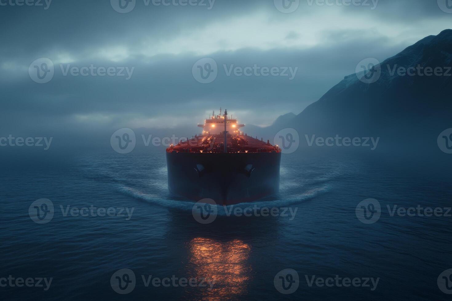 Massive ship navigates through misty waters near rugged coastline at dawn photo