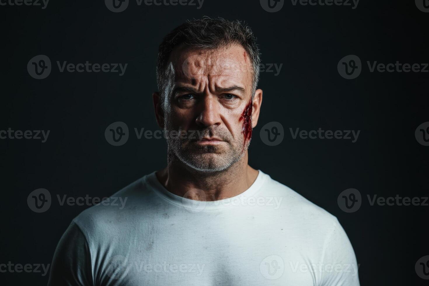 Man with serious expression and noticeable injury poses against dark background, showcasing resilience and intensity photo