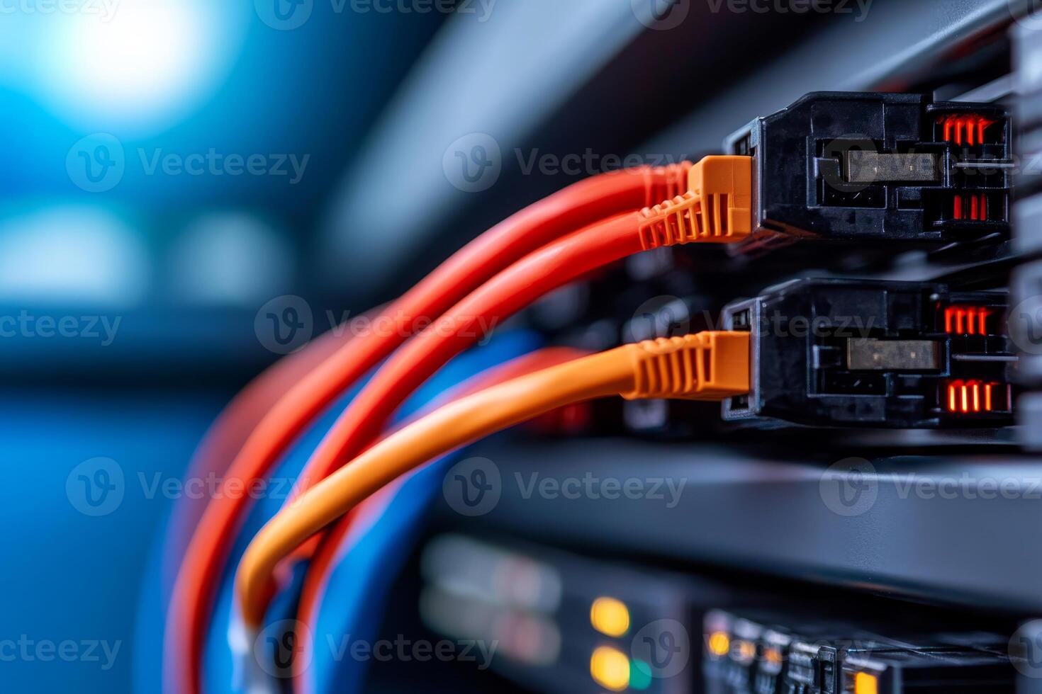 Network cables connecting to a server in a data center during a technology setup in a modern workspace photo