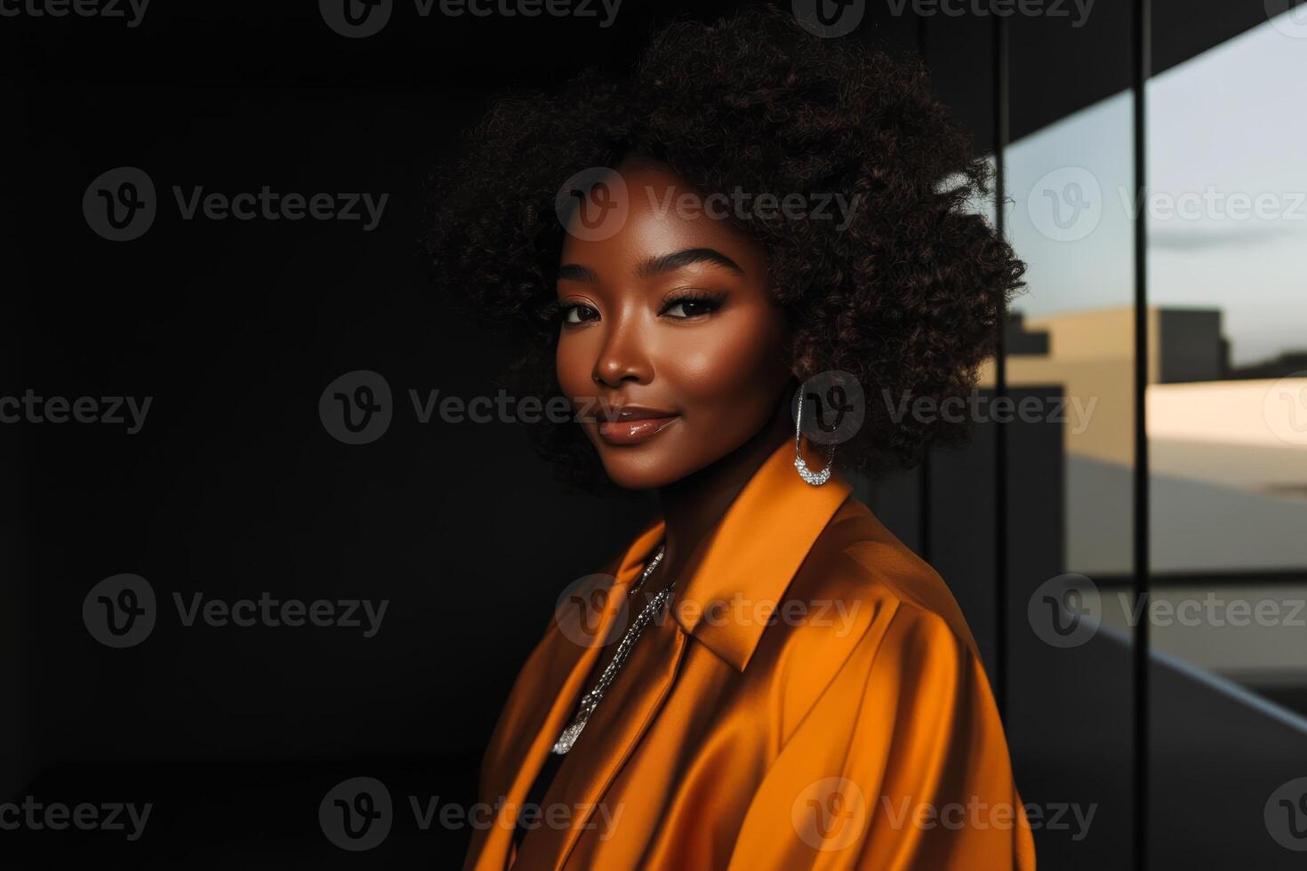A woman with natural curly hair stands elegantly, wearing a striking orange outfit paired with accessories. photo