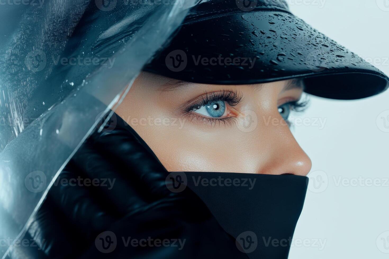 A model showcases captivating blue eyes while dressed in a black cap and mask. Raindrops accentuate her look, creating a moody and atmospheric vibe photo