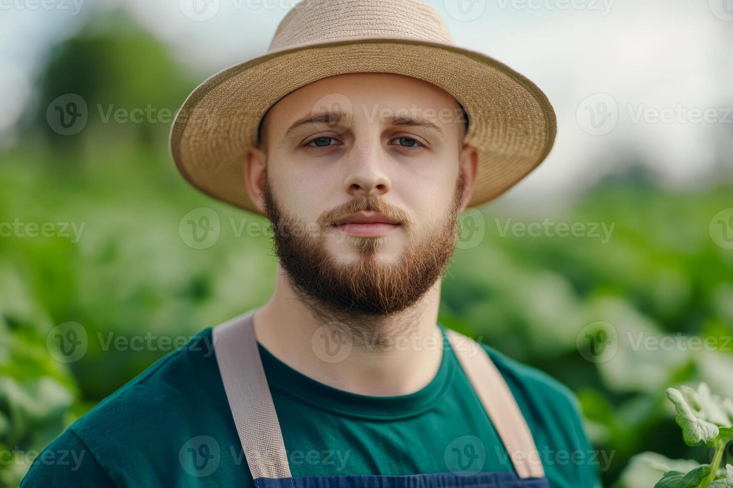 Young farmer stands confidently in lush green field during sunny day, showcasing dedication to agriculture and nature photo