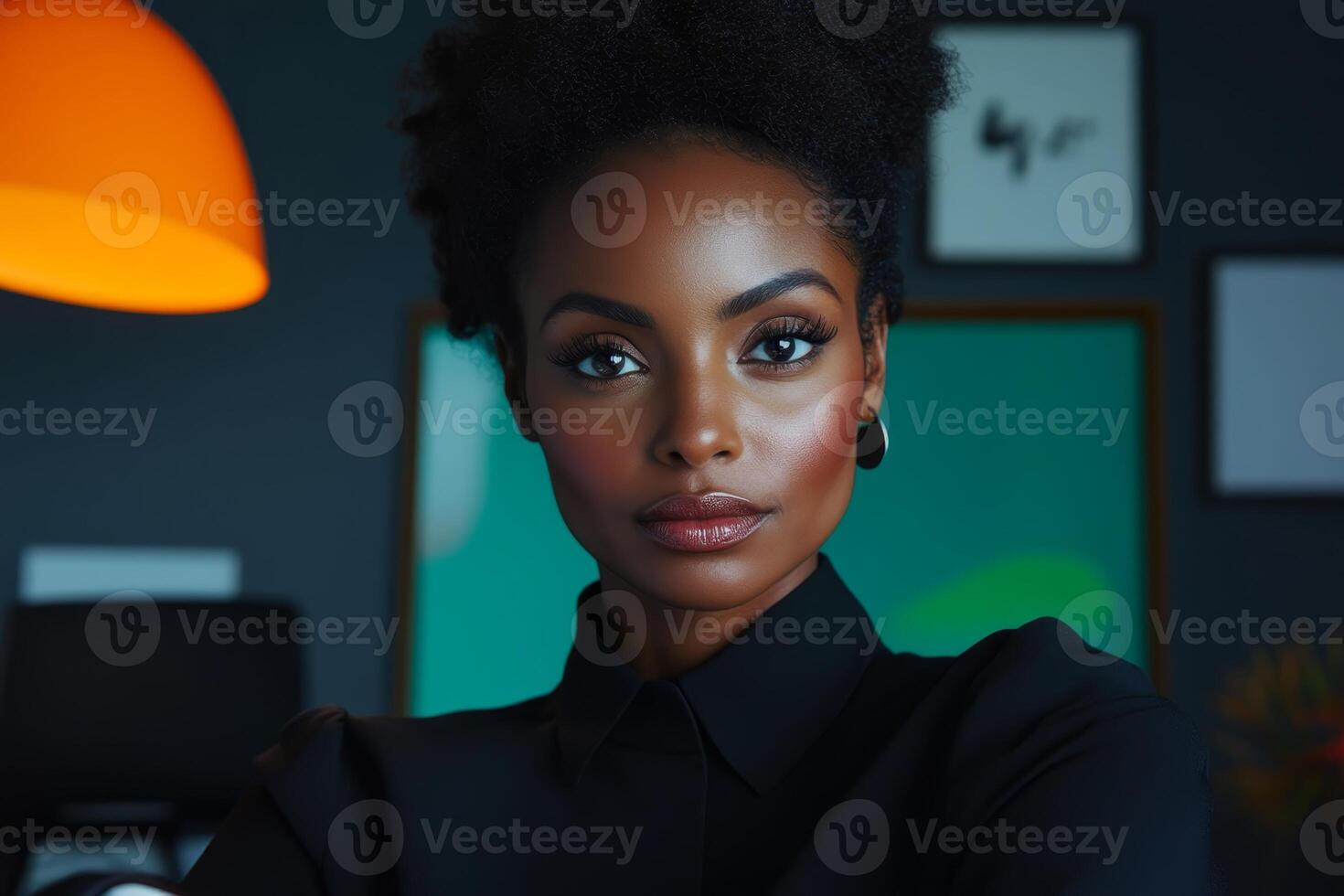 Confident woman poses in a stylish office setting, showcasing contemporary decor and warm lighting photo