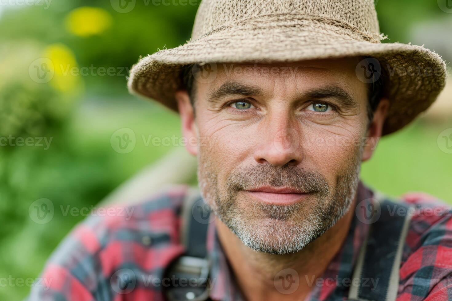 A man with a beard and striking blue eyes smiles while wearing a straw hat and plaid shirt. He is surrounded by greenery, suggesting a peaceful outdoor environment in daylight photo