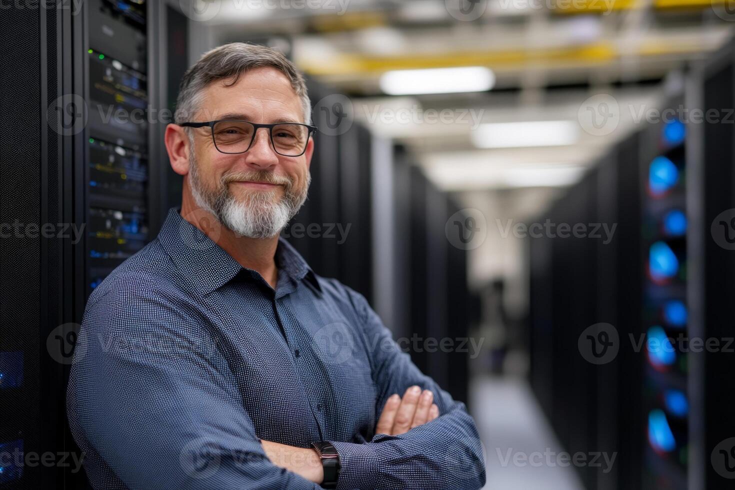 Professional IT manager standing confidently in a modern server room during daytime photo