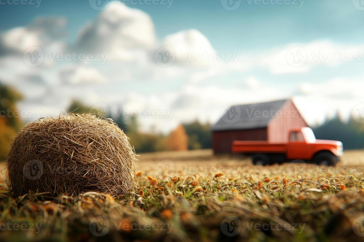 Farm landscape in autumn with hay bale and red barn under a cloudy sky photo