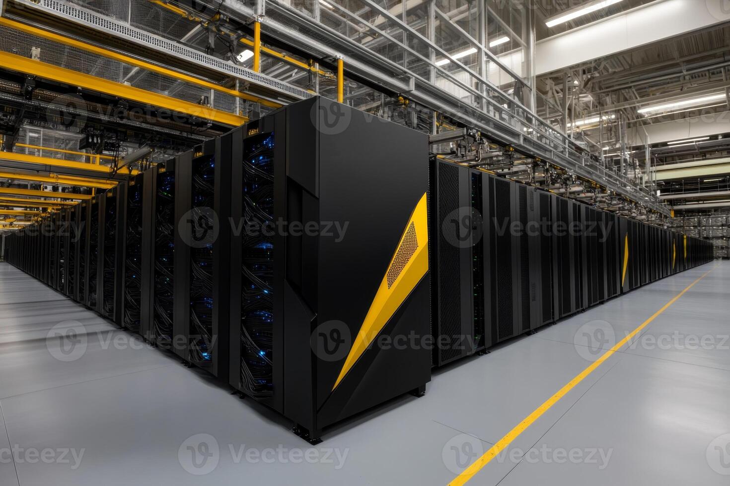 Advanced data center showcasing rows of sleek servers in a high-tech environment with sophisticated infrastructure photo