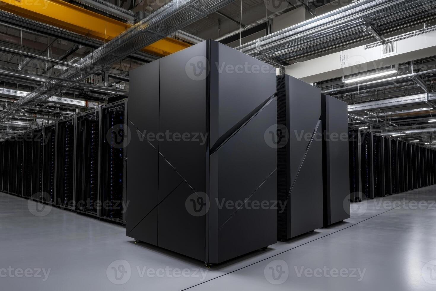 Large server room housing multiple black server racks with advanced technology in a modern data center photo