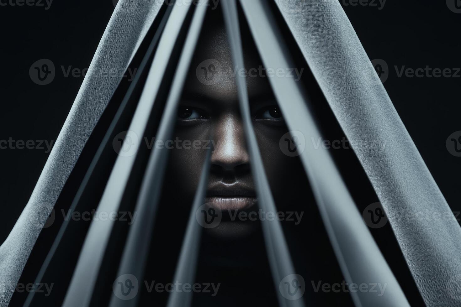 Dramatic portrait of a person shrouded in translucent fabric, showcasing emotion and intensity photo