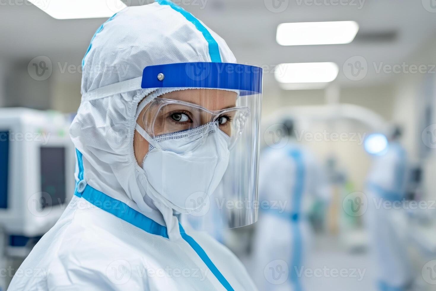 Healthcare worker in protective gear focuses on patient care in a hospital setting during a busy shift photo