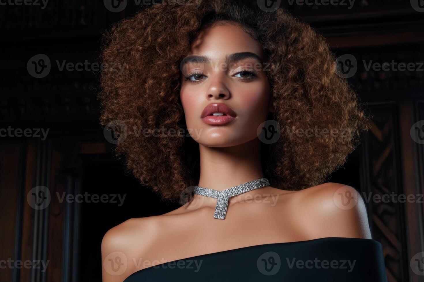 Elegant portrait of a model wearing a statement necklace in a dimly lit vintage setting photo