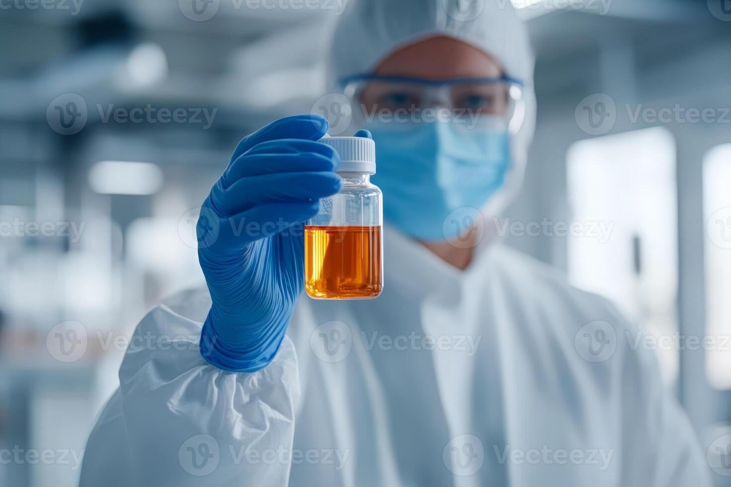 Researcher in protective gear examines a vial of orange liquid in a laboratory setting during a quality control process photo