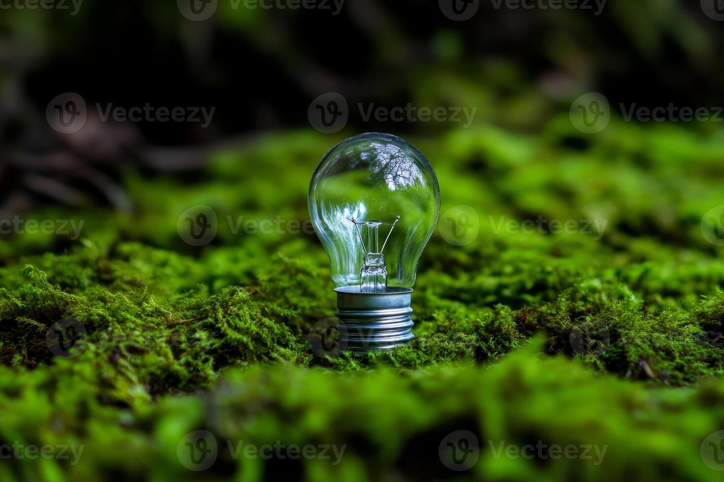 Light bulb resting on vibrant green moss in serene natural setting photo