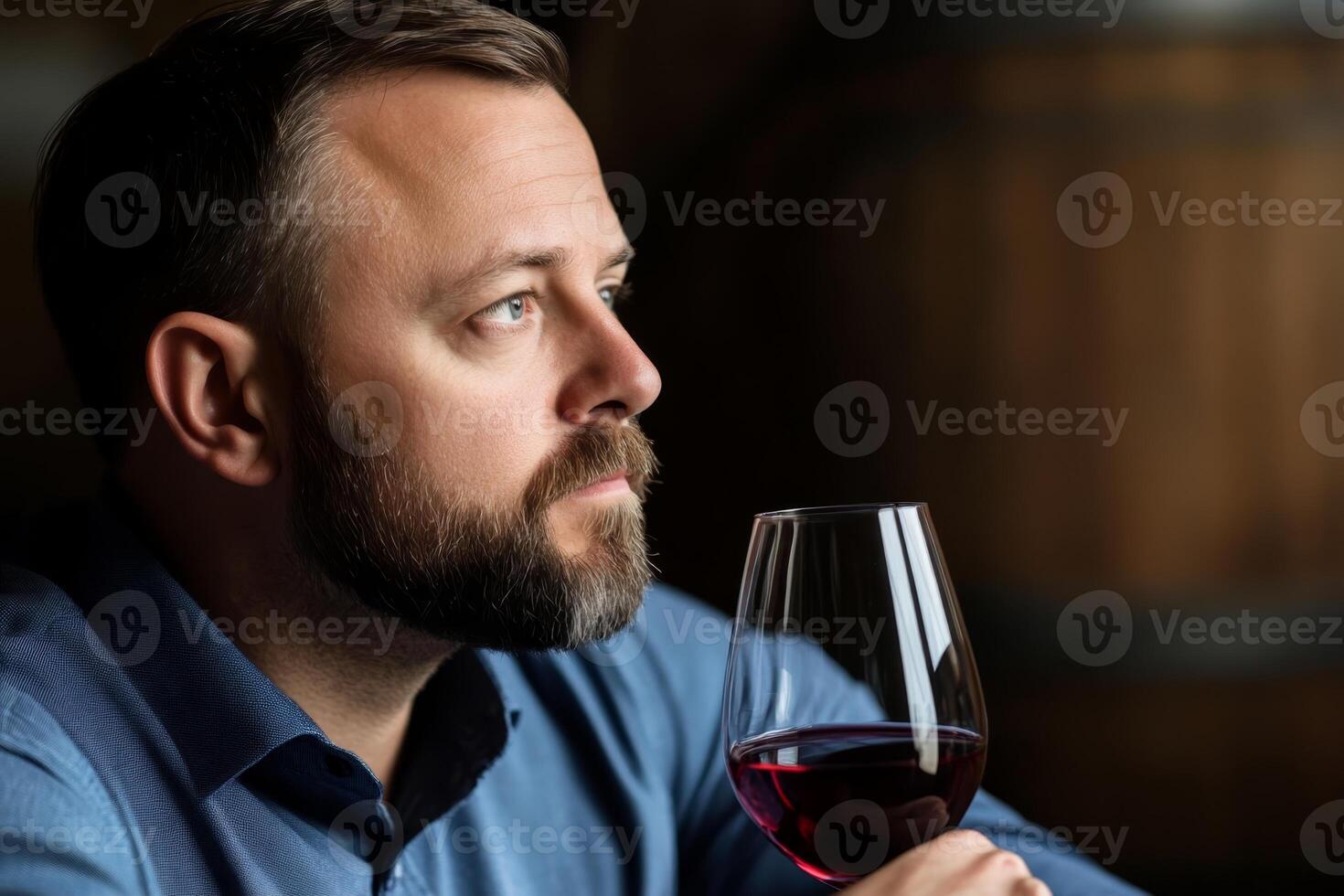 Man enjoying a glass of red wine while contemplating in a warm, rustic setting with wooden barrels photo