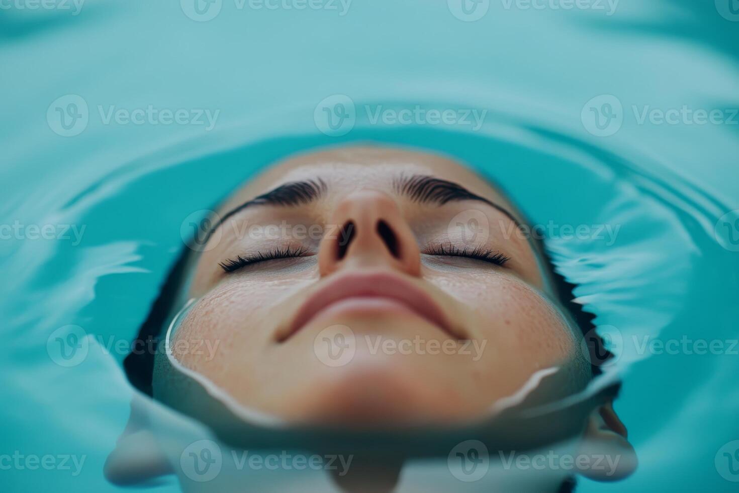 Serene woman relaxing in calm water while floating peacefully in a tranquil setting photo