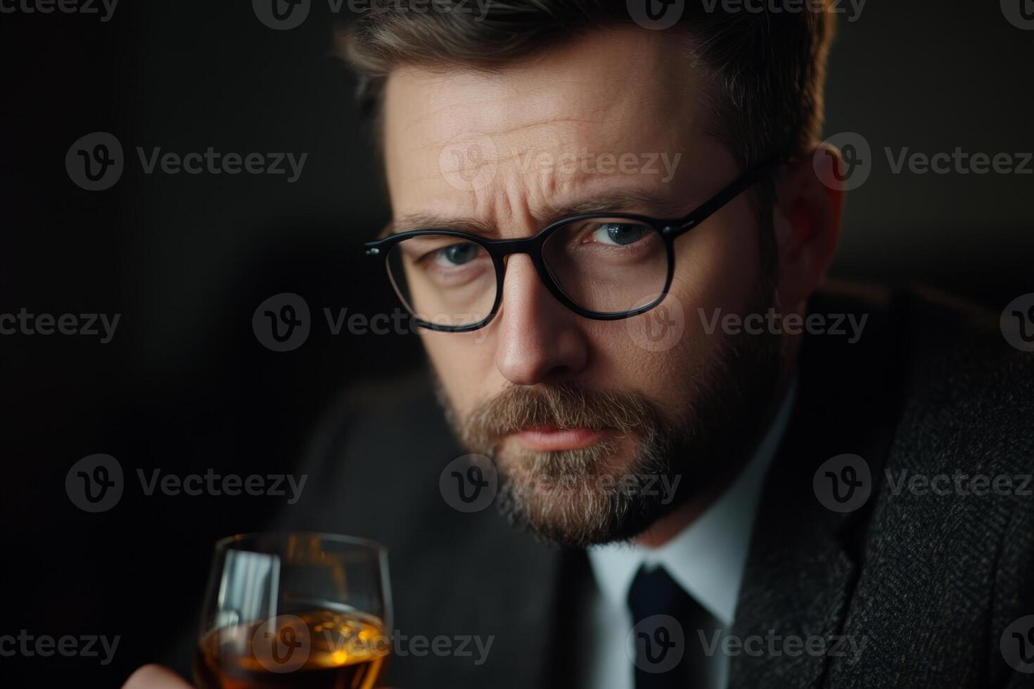 Sophisticated man in glasses enjoying a glass of whiskey in a dimly lit bar during an evening gathering photo