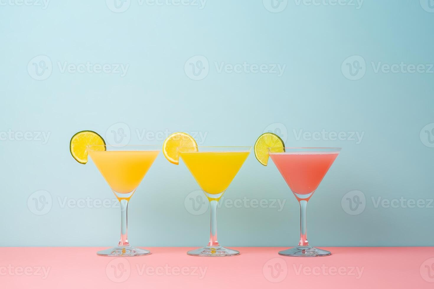 Vibrant cocktails with citrus garnishes served against a pastel backdrop in a refreshing summer setting photo