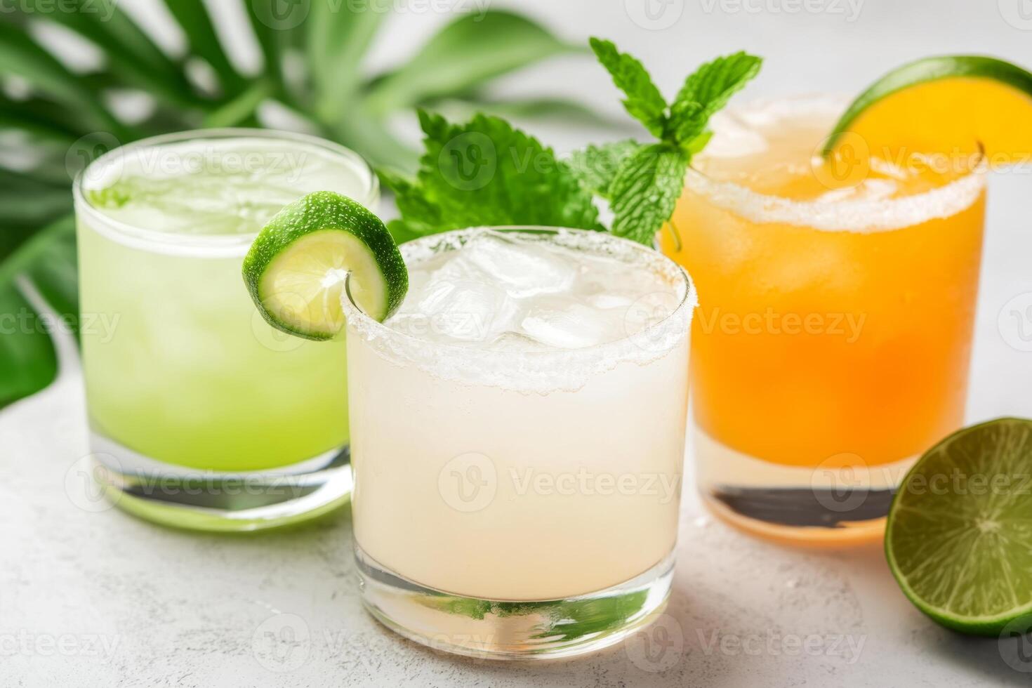 Colorful cocktails served with fresh garnishes on a marble countertop in a vibrant setting photo