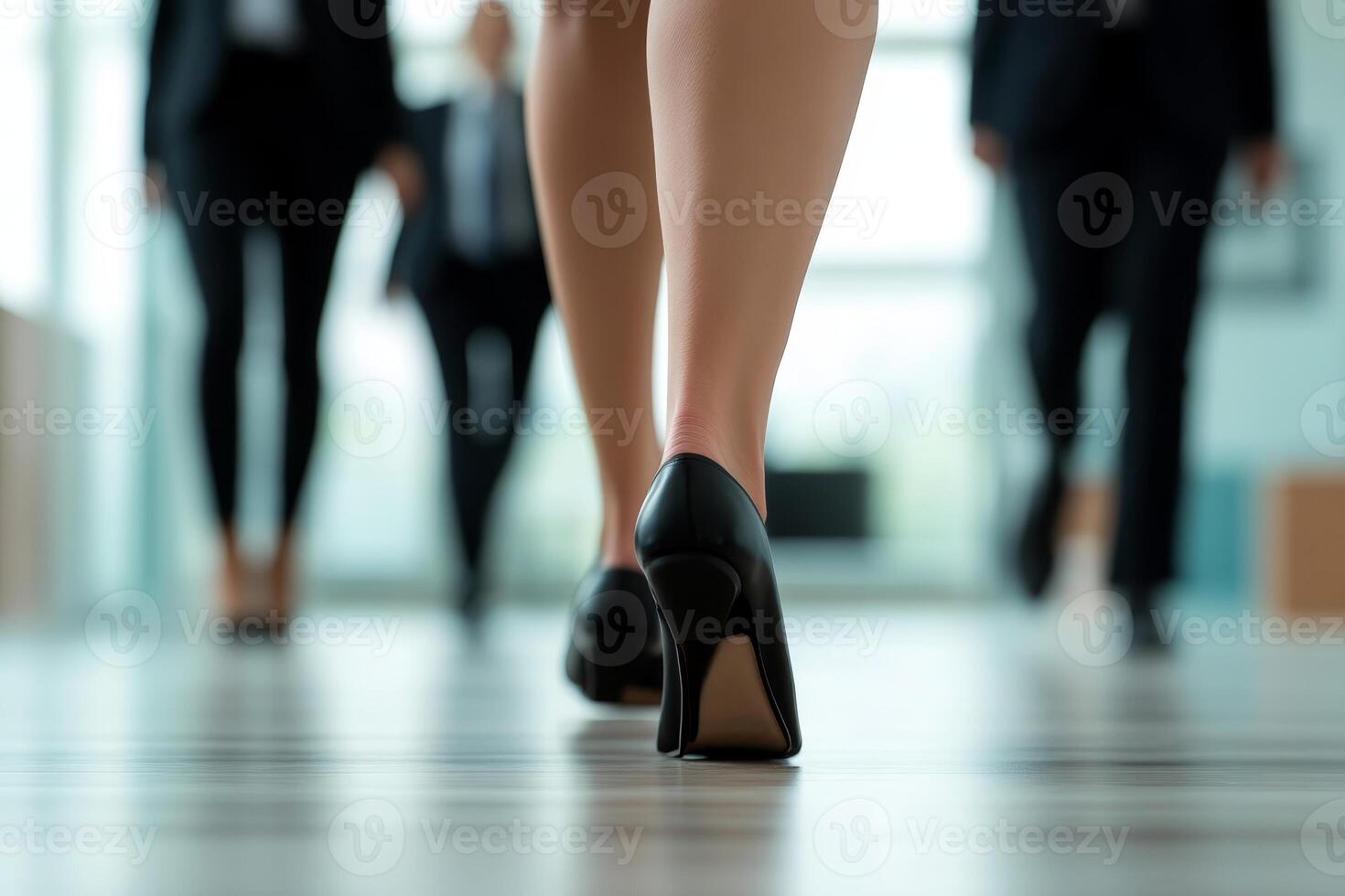 Professional individuals walking in a modern office corridor during a busy workday photo