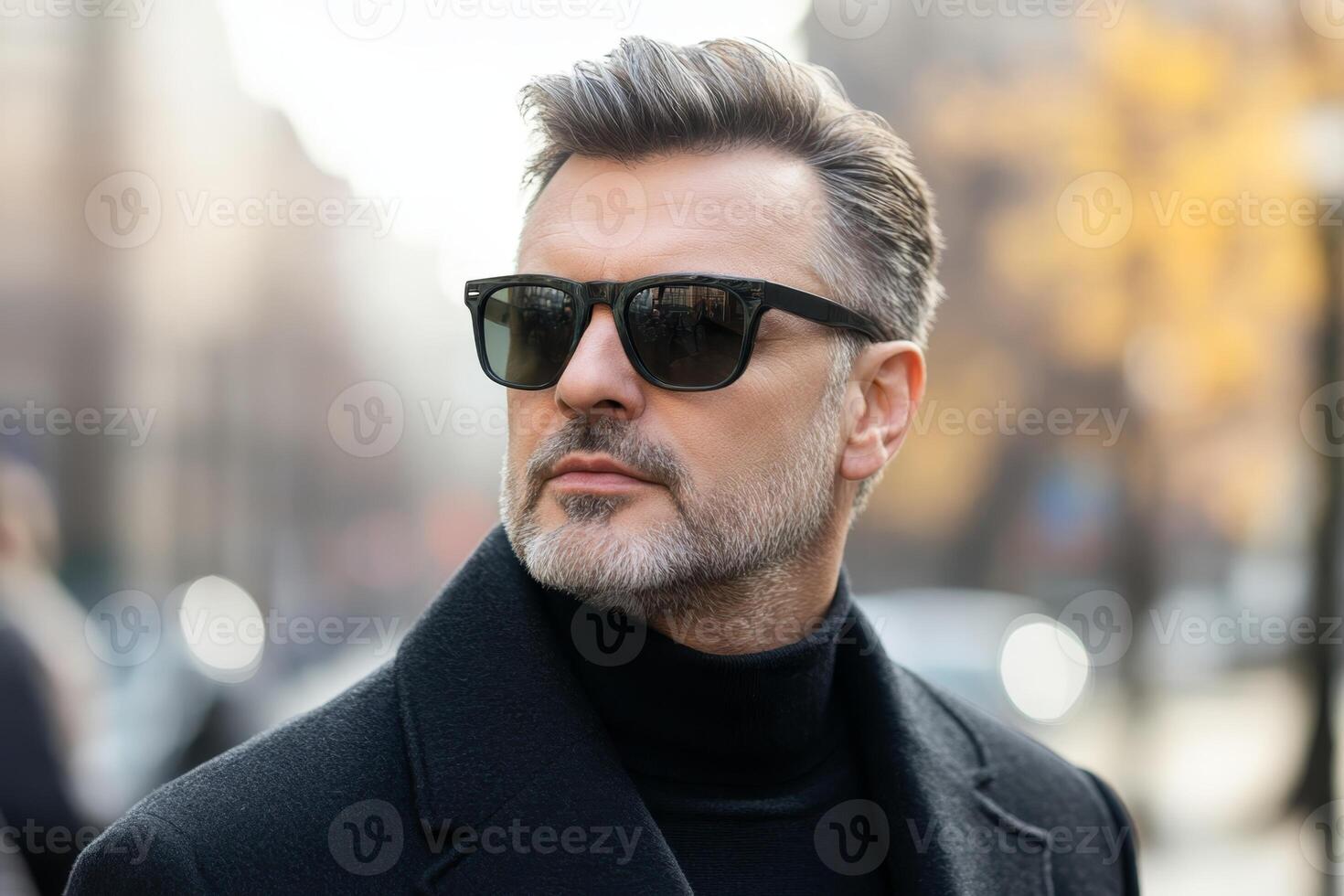 Stylish man in sunglasses walking through an urban environment during a sunny autumn day photo