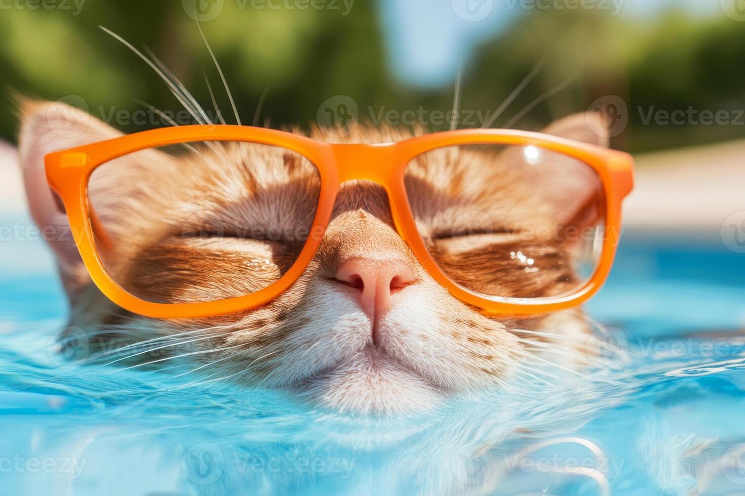 Cat enjoying a sunny day while floating in a pool with stylish orange sunglasses photo