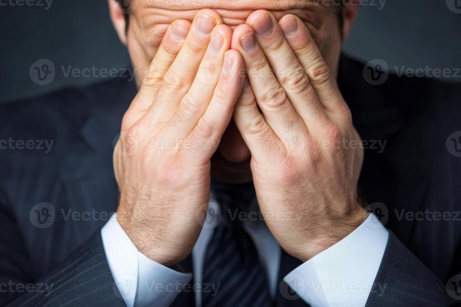 Man in suit covering face with hands, expressing stress or frustration in a formal setting photo