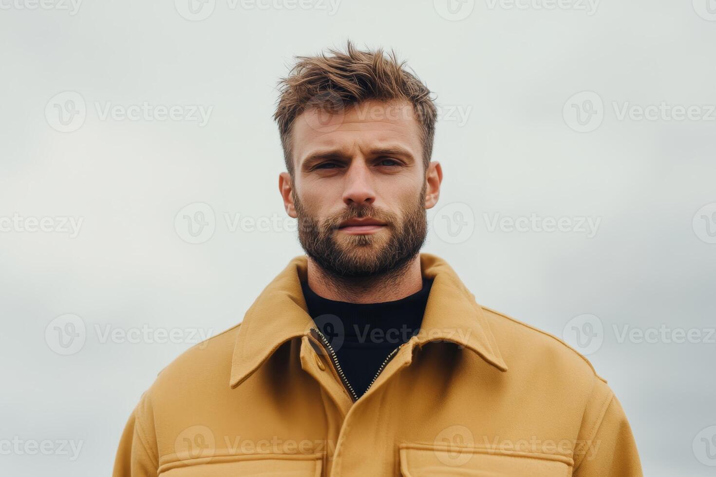 Man in yellow jacket poses outdoors against a cloudy sky in a serene atmosphere photo