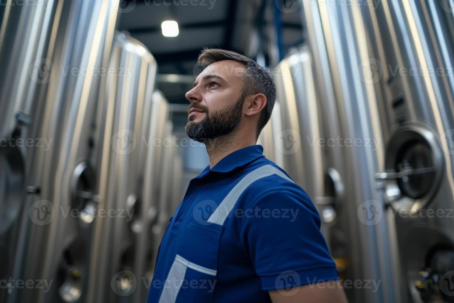 Man observing metal fermentation tanks in a modern brewery facility at dusk photo