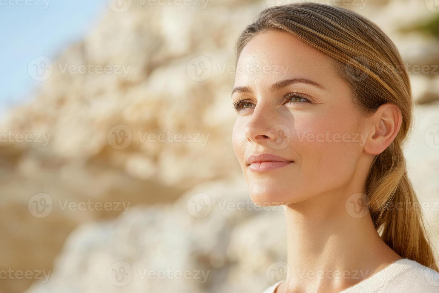 Woman enjoying a peaceful moment outdoors with a serene expression on her face in a natural setting photo