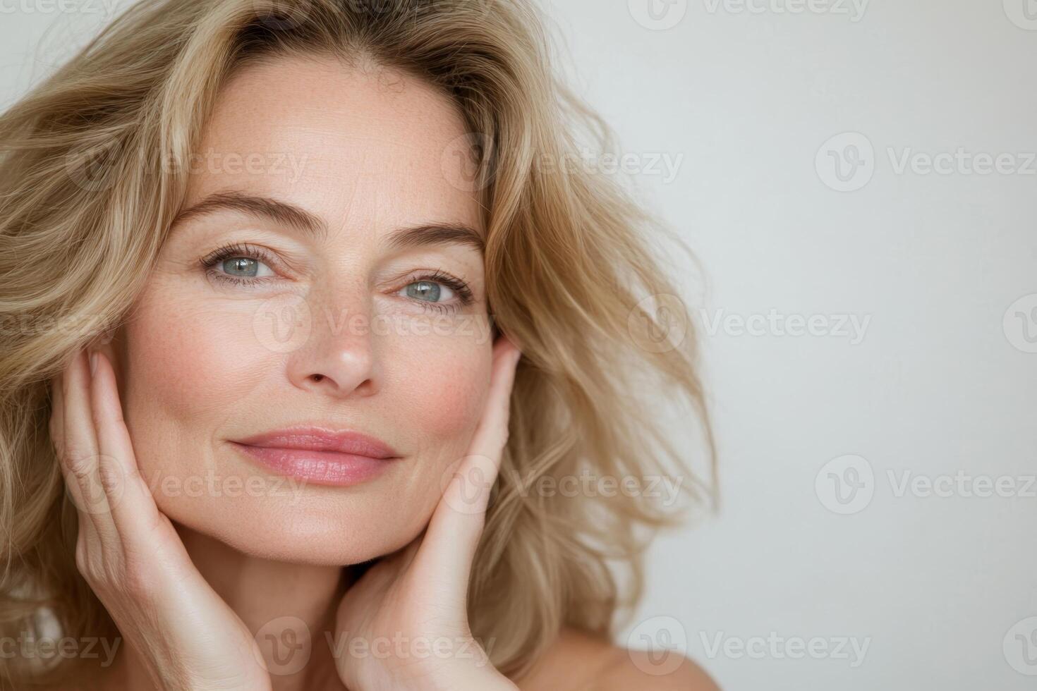 Beautiful woman with flowing hair softly posing against a neutral background while gently touching her face photo