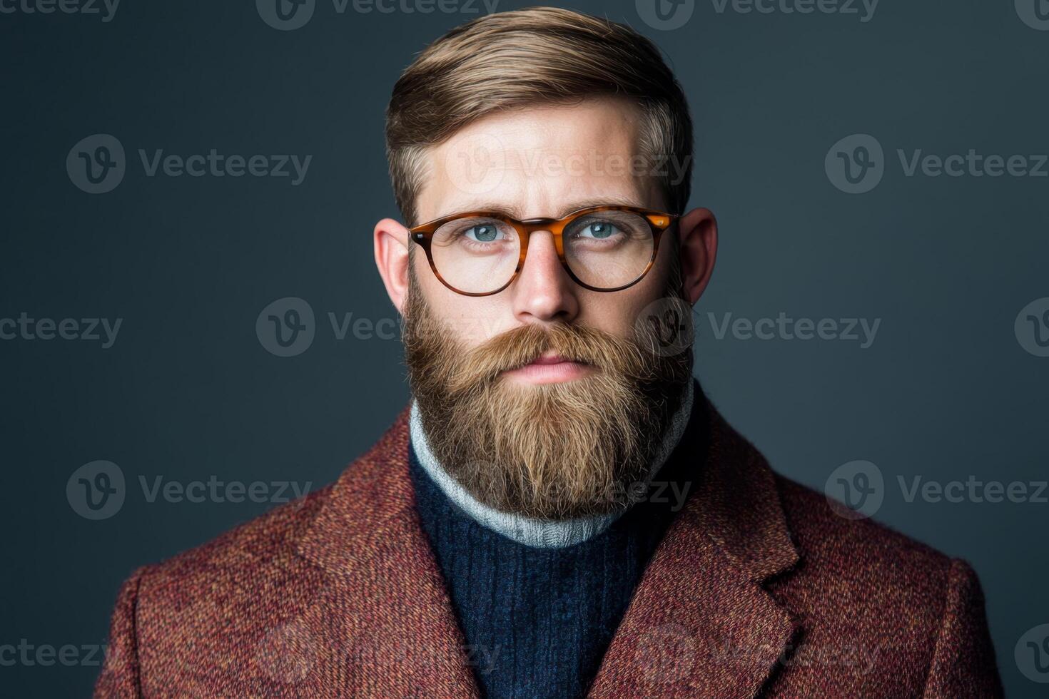 Stylish gentleman with glasses and beard poses confidently against a dark background photo