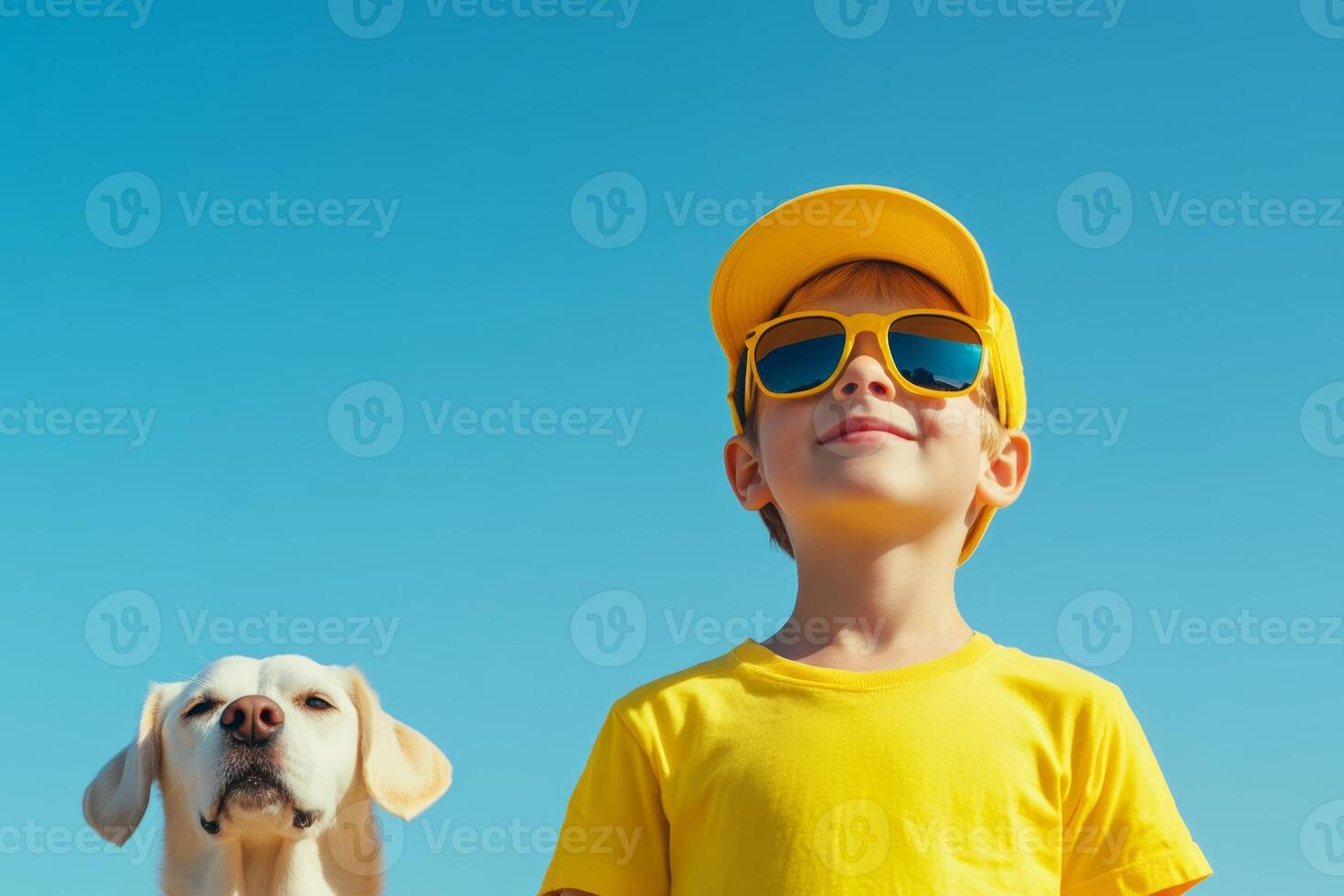 Sunny day adventure with a joyful child and loyal dog against a clear blue sky photo