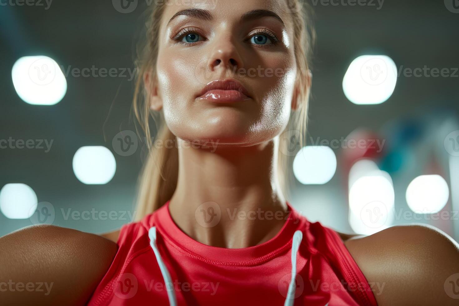 A determined woman stands ready to begin her workout in a contemporary gym filled with equipment and bright lighting, showcasing her athletic build and focus photo