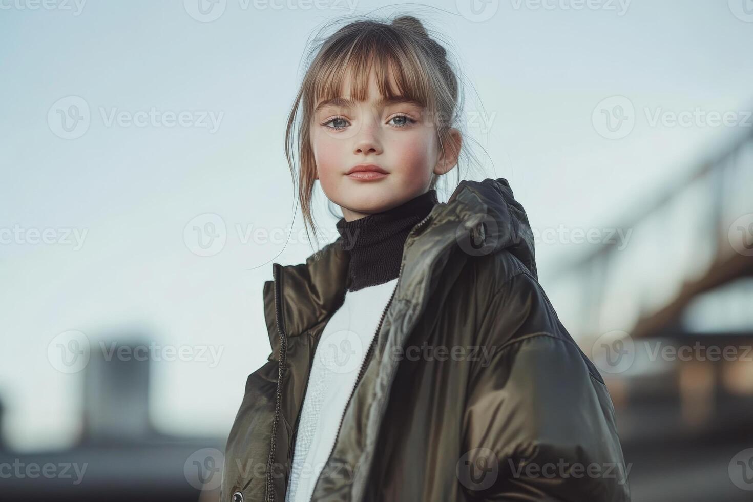 Young girl posing confidently in stylish winter attire on a city street during daylight photo