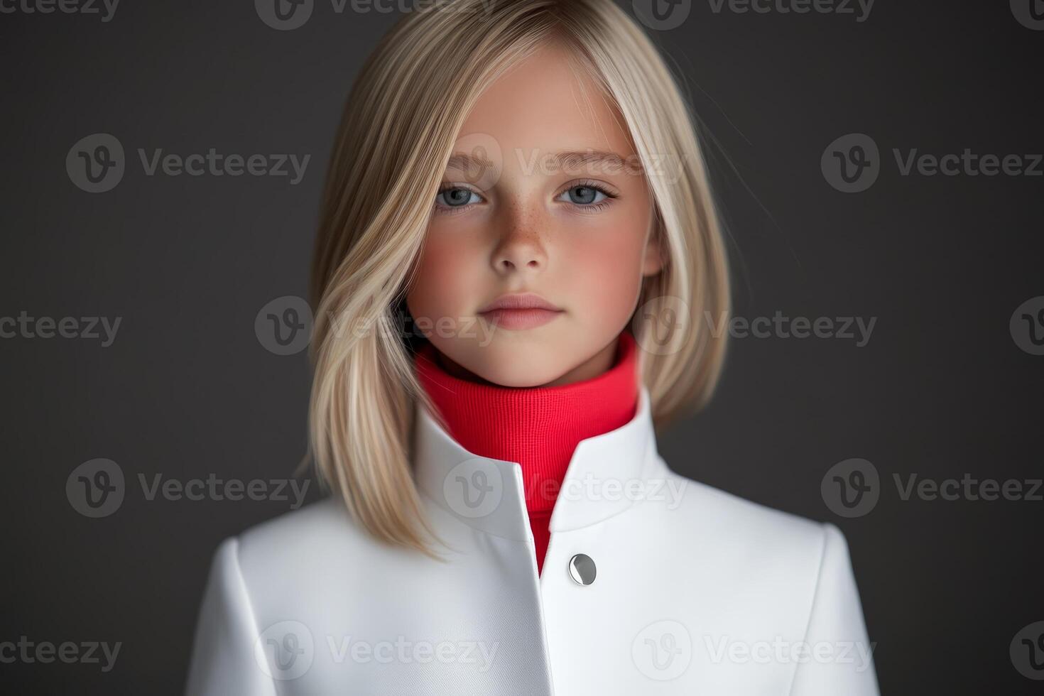 Young girl in stylish fashion outfit with blonde hair and red accents, posing against a simple dark background photo