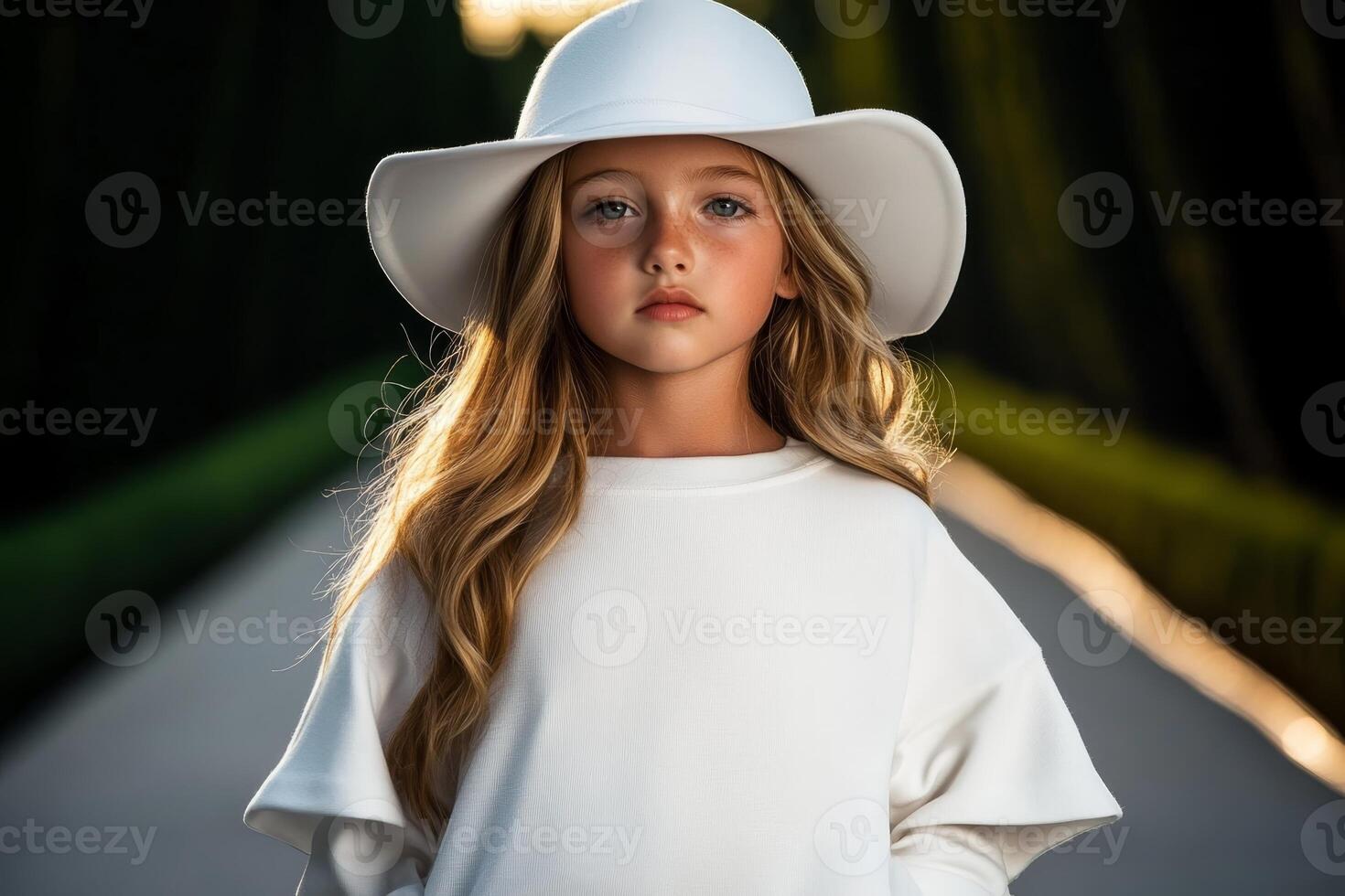 Young girl in white outfit and sun hat posing confidently outdoors during golden hour photo
