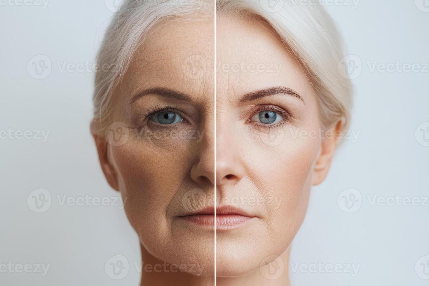 Transformation of a woman's appearance showing aging on one side and youthful skin on the other side photo