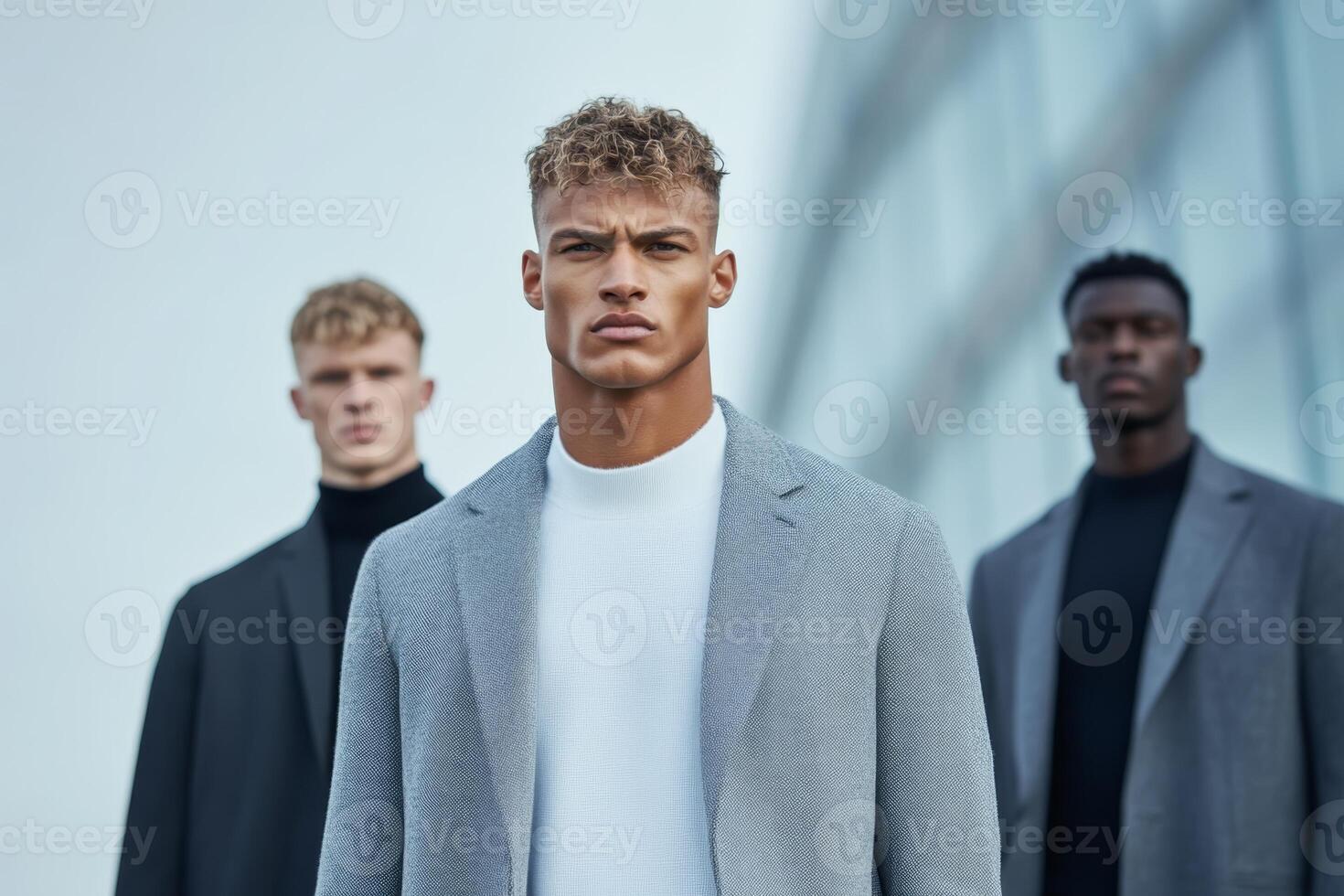 Group of men in stylish coats posing confidently outdoors in an urban setting during daylight photo