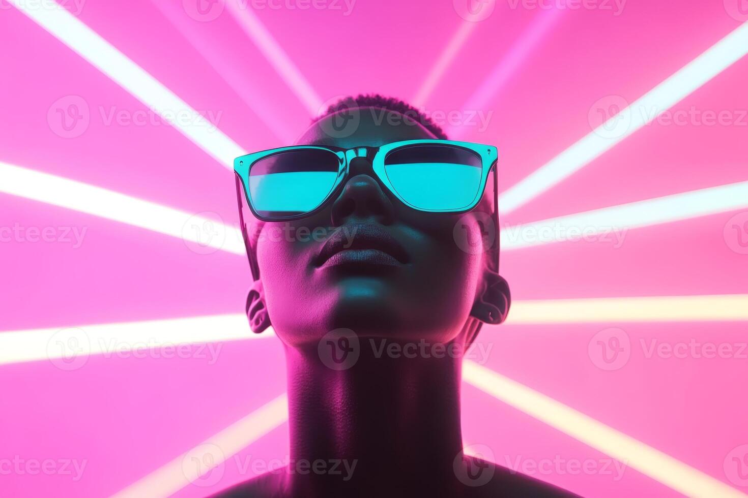 Vibrant portrait of a person wearing stylish sunglasses against a colorful neon backdrop photo
