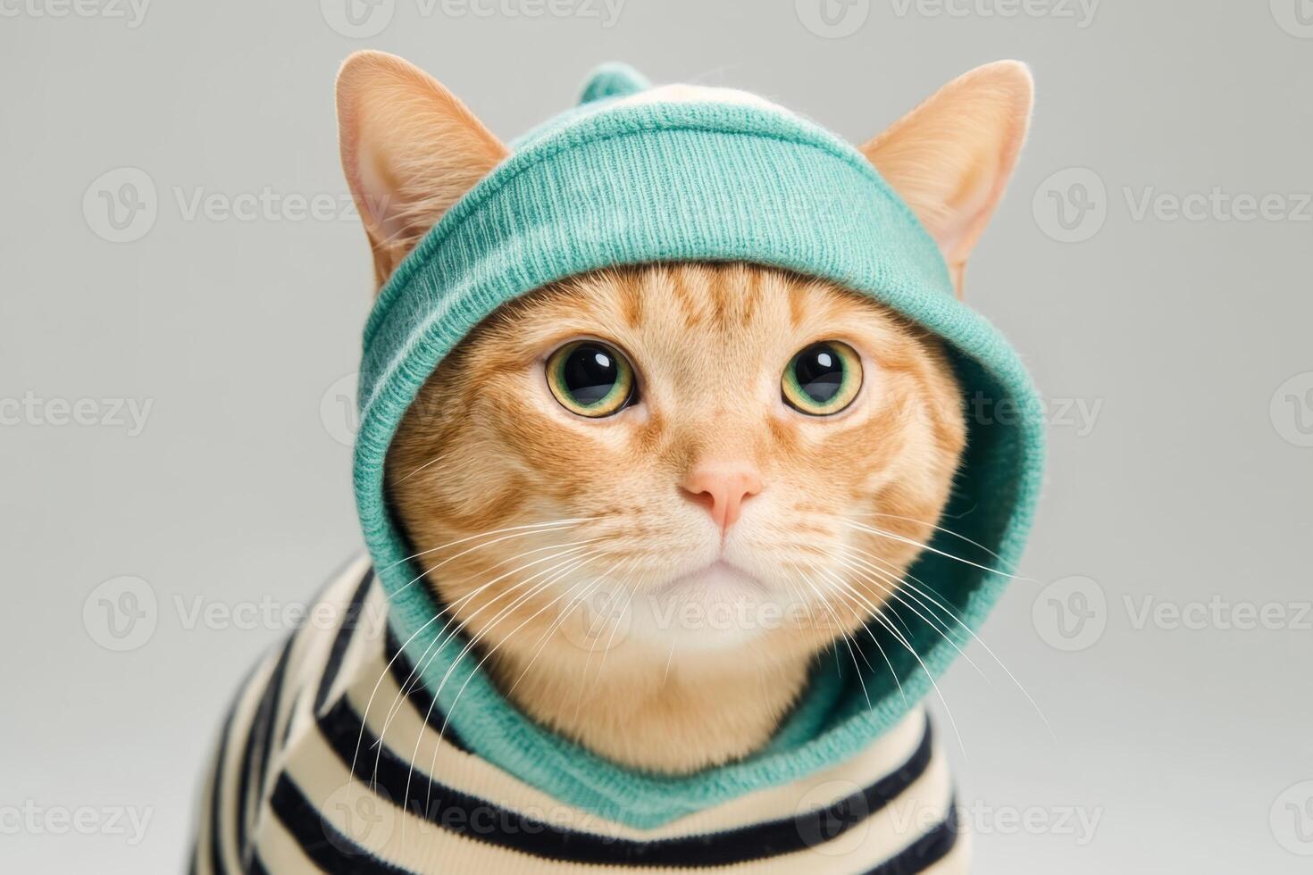 Cute orange cat wearing a striped sweater and a teal hood, posing for the camera indoors in a cozy atmosphere photo