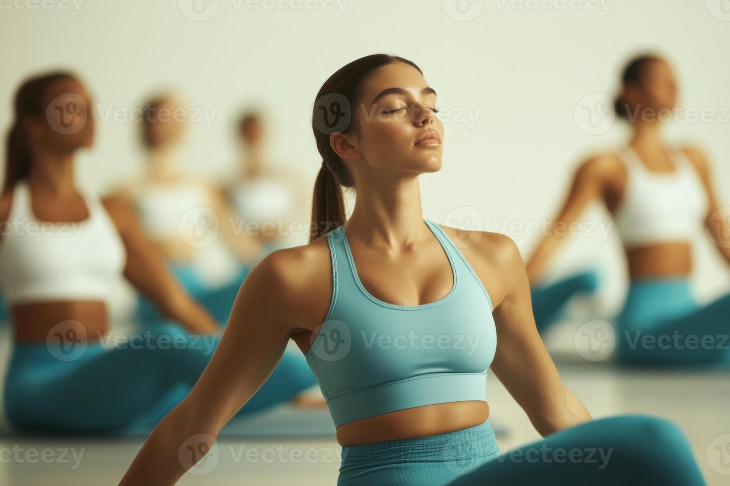 Yoga practitioners focus on mindfulness during a class in a serene indoor studio. A group of women engage in a yoga session, sitting cross-legged on mats. photo