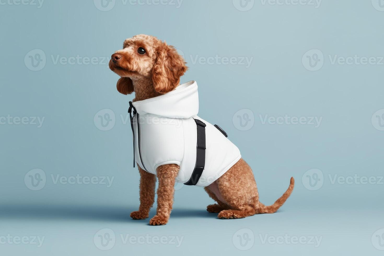 Cute dog wearing stylish hoodie posing against a light blue background indoors photo