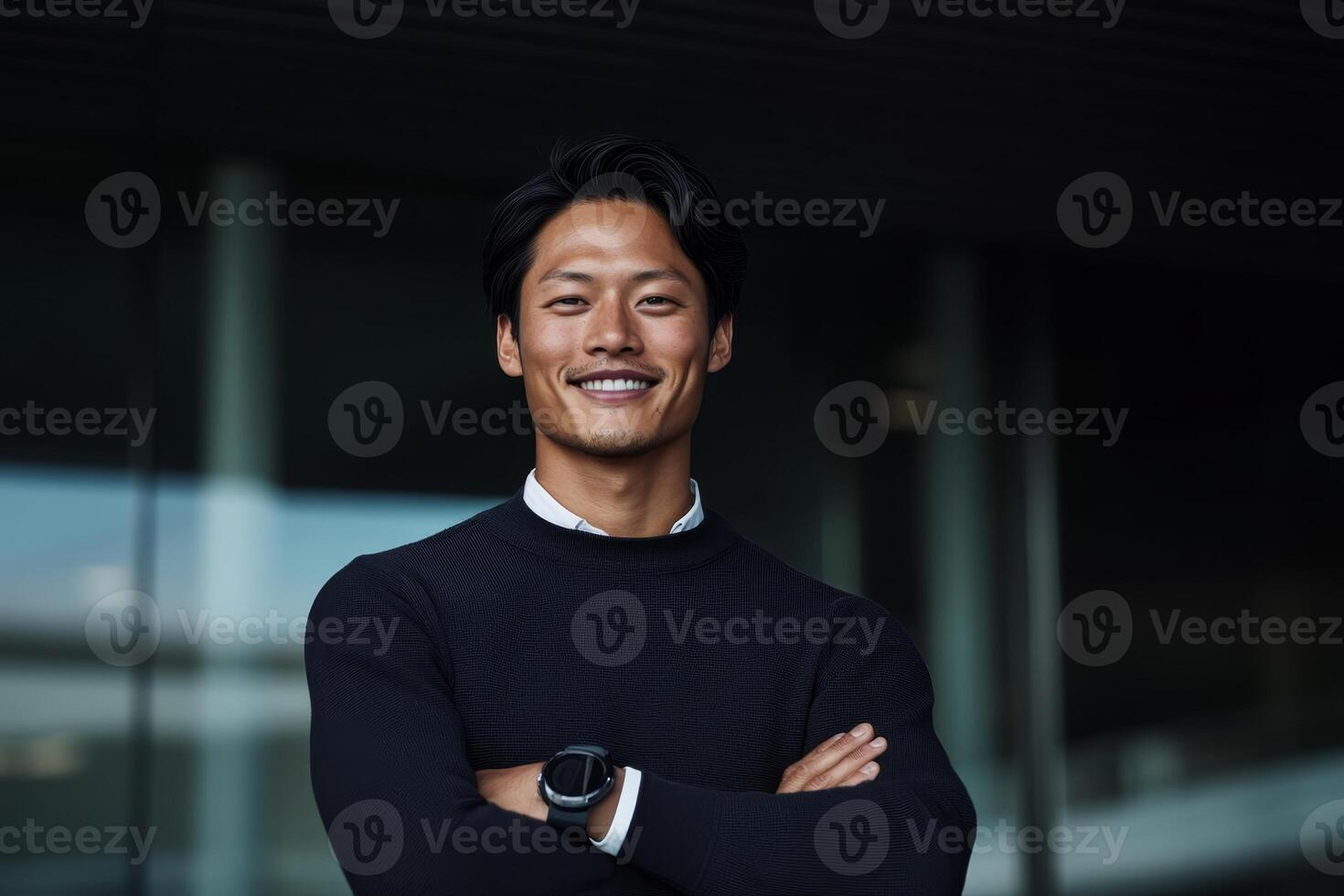 Confident young man in black sweater smiles warmly in a modern indoor setting during daylight hours photo