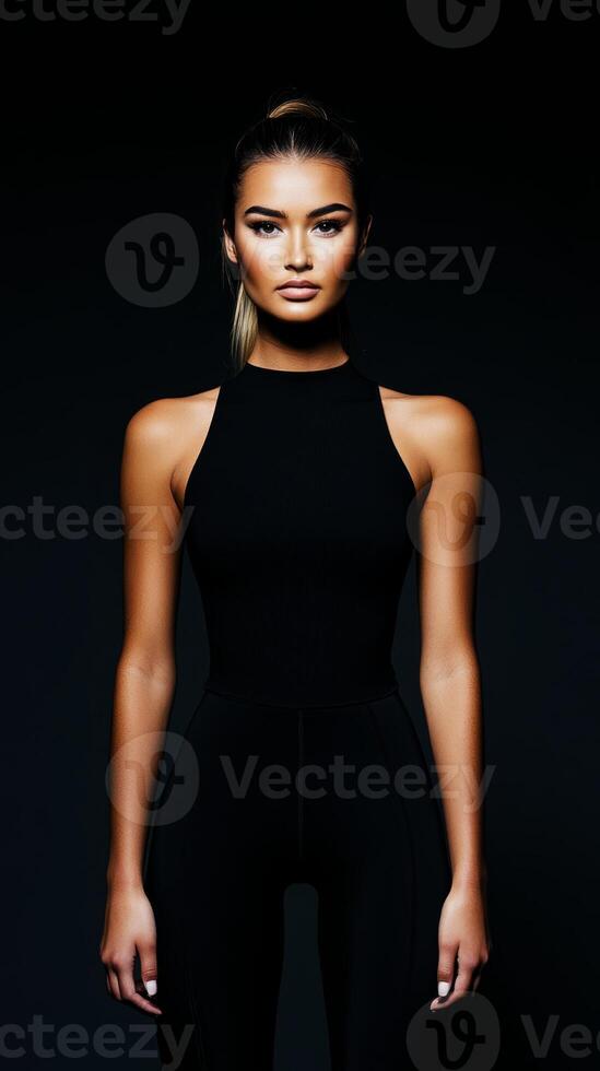 Model poses confidently in a sleek black outfit against a dark backdrop during a studio photoshoot photo
